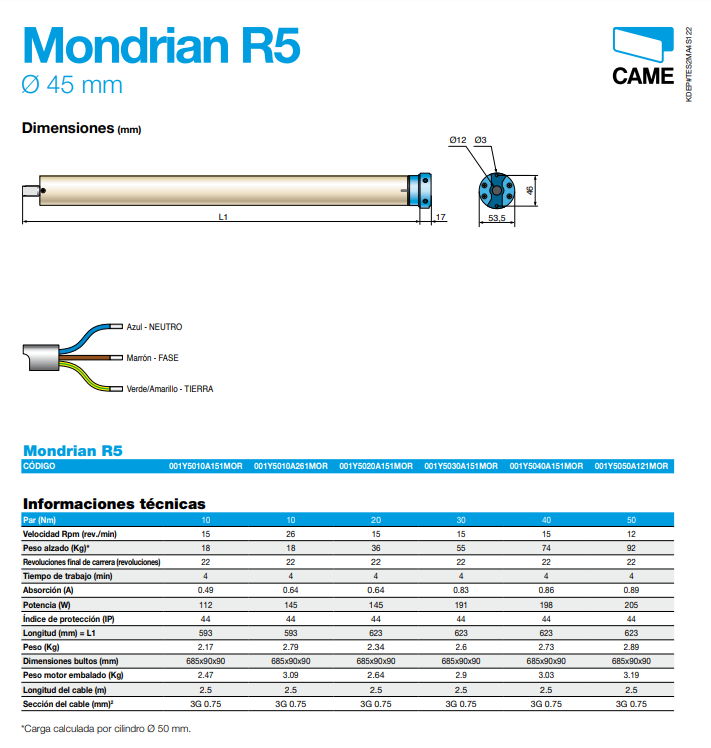 Motor tubular CAME MONDRIAN 5 para persiana doméstica Ø45
